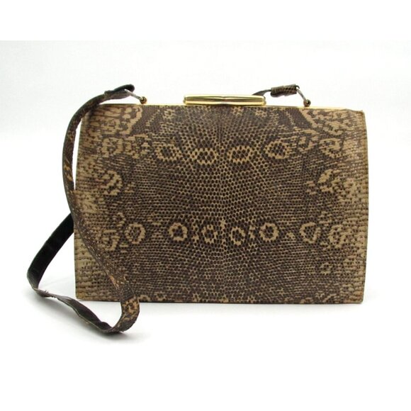 Vintage 60s Genuine Leather Reptile Purse YKK Zip Gold Frame Kiss Lock Bag - Picture 2 of 16